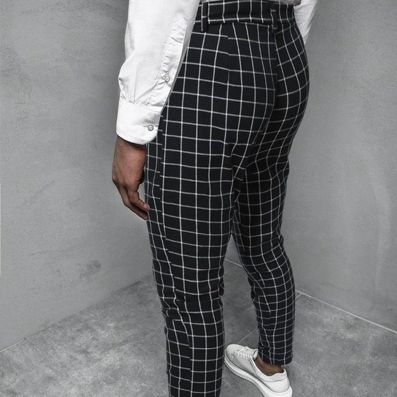 Plaid Tapered Men's Pants With Slant Pockets - Picture 2 of 9